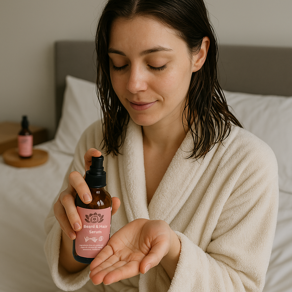 woman applying emu hair oil