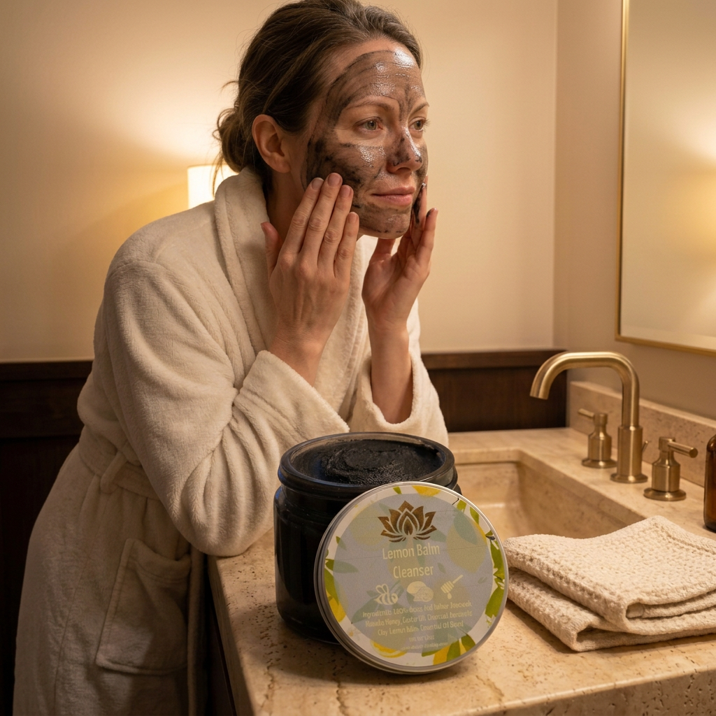 Woman massaging charcoal tallow cleanser across her face beside a sink, with the cleanser jar nearby