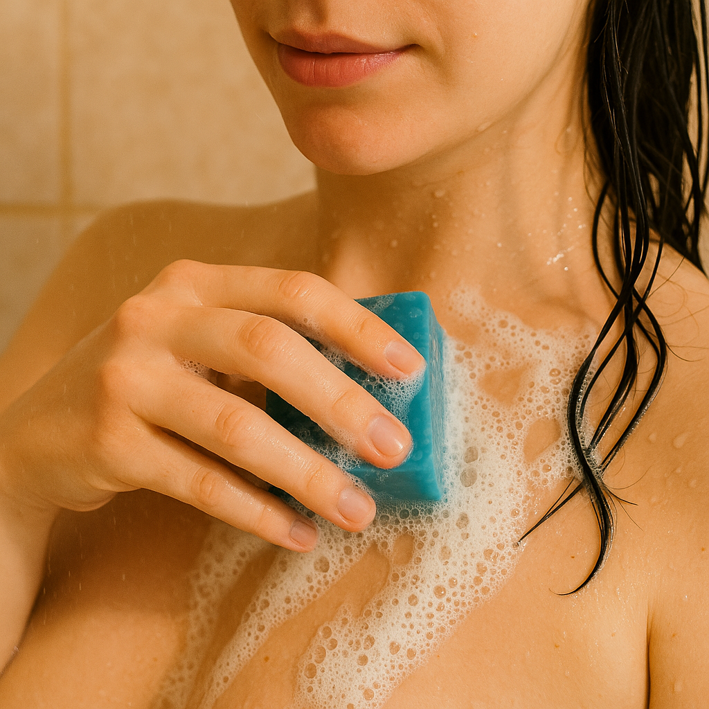 woman using methylene blue tallow soap in the shower for anti-aging