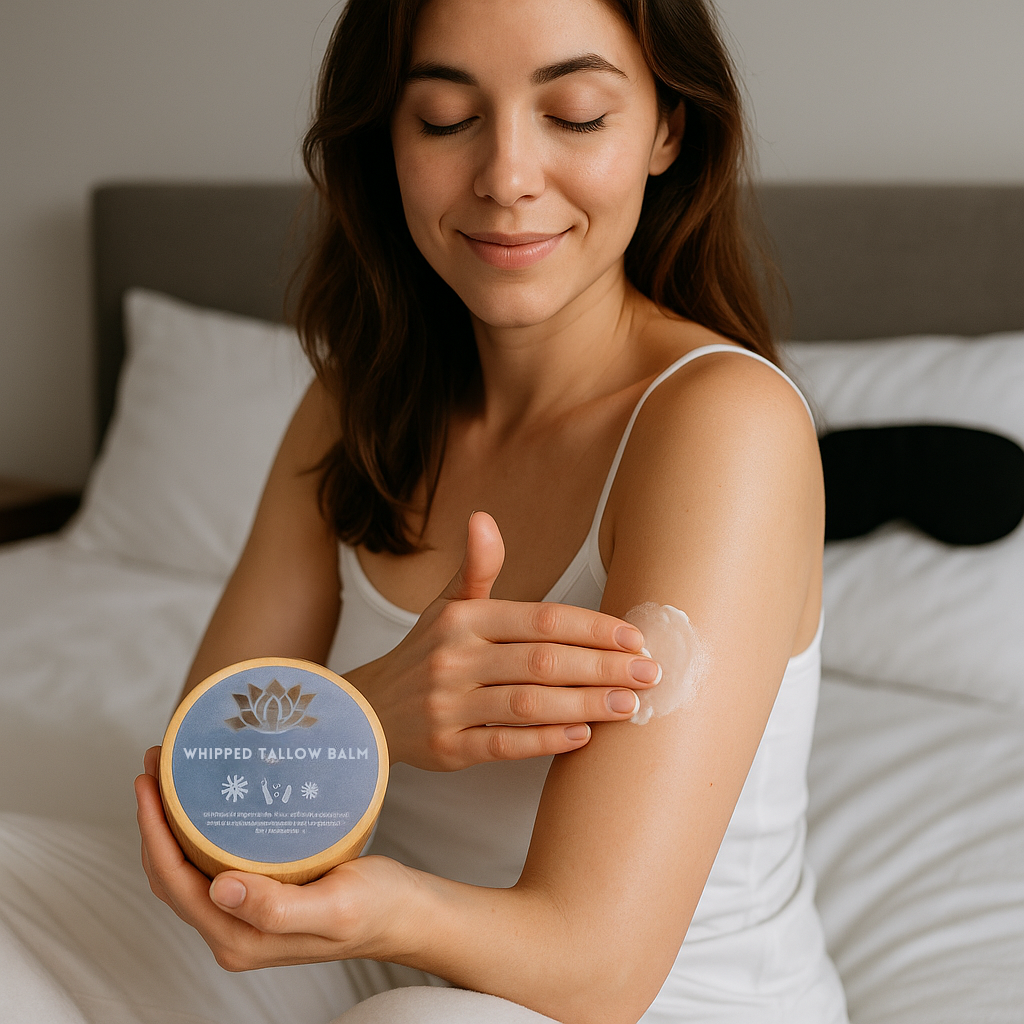 Woman applying a balm to her arm with a container labeled 'Whipped Tallow Balm' on a bed.