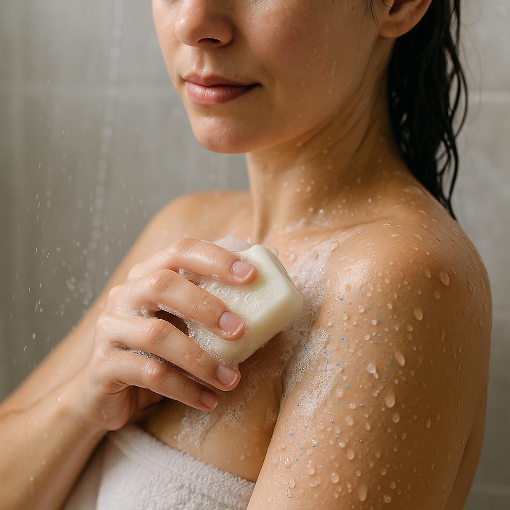 lady using zeolite soap to remove microplastics