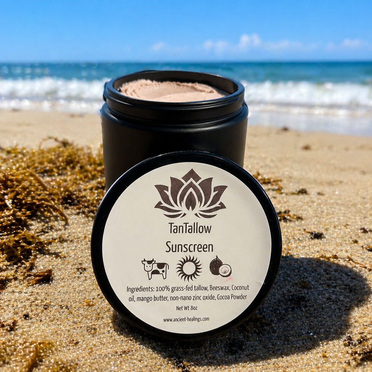 8 oz tantallow sunscreen on beach