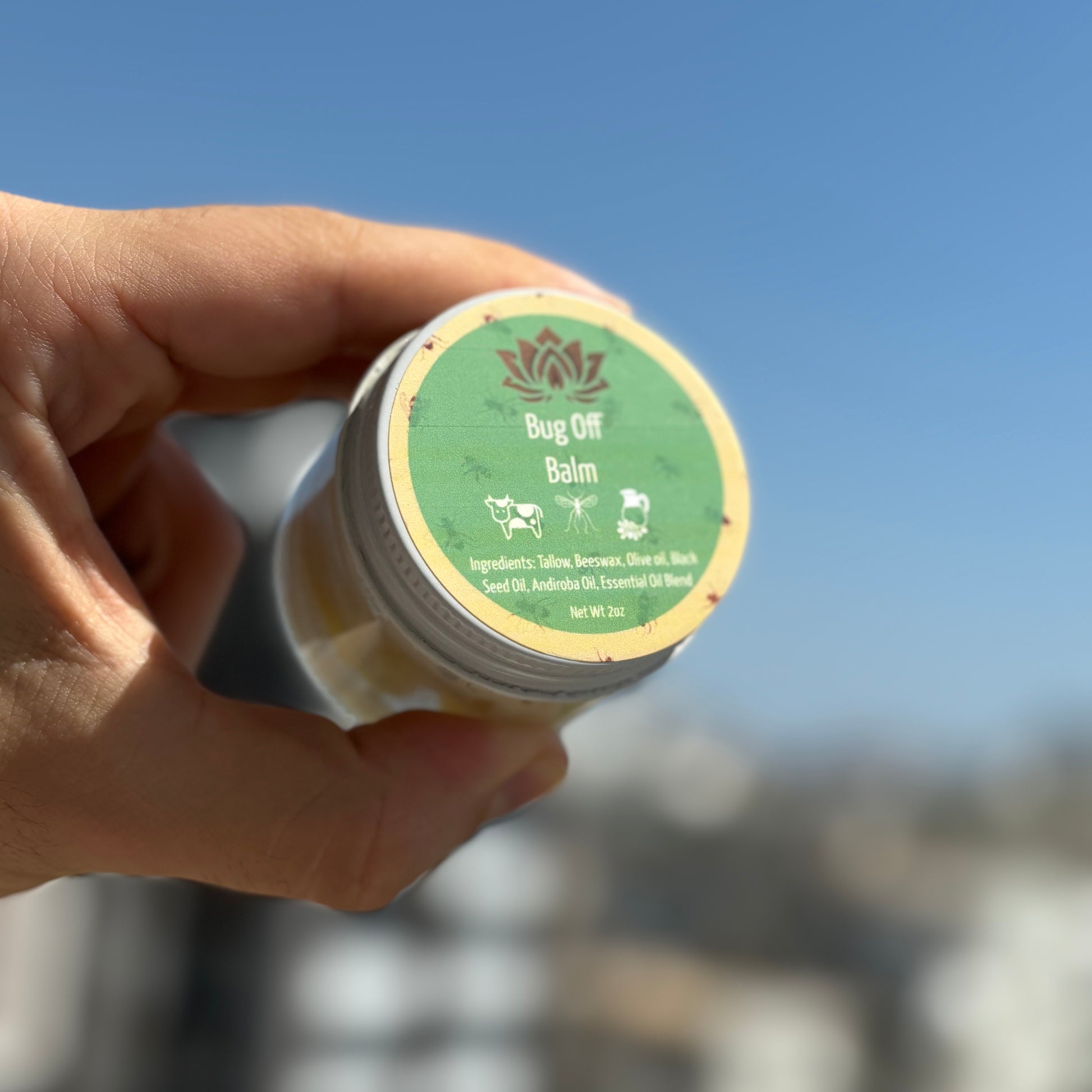 DEET-free insect repellant bug balm with grass-fed beef tallow, beeswax, black seed oil & amazonian andiroba oil for all-natural protection.