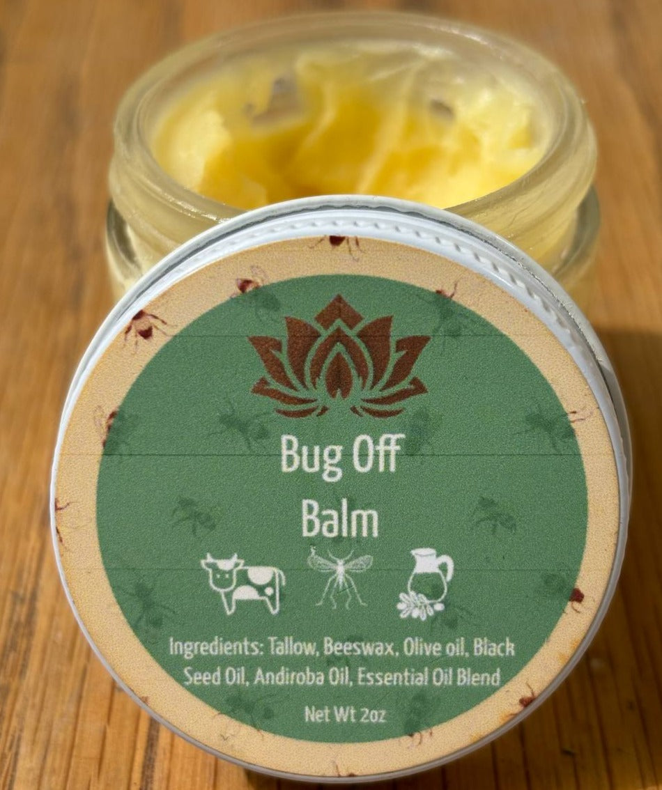 DEET-free insect repellant bug balm with grass-fed beef tallow, beeswax, black seed oil & amazonian andiroba oil for all-natural protection.