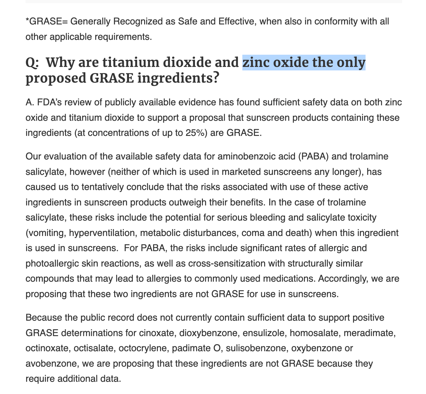 Text discussing the safety of titanium dioxide and zinc oxide as GRASE ingredients for sunscreen products.