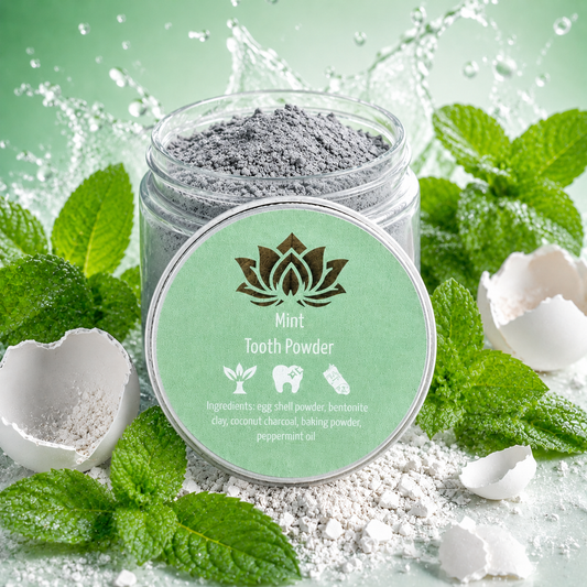 Fluoride-free remineralizing tooth powder with hydroxyapatite from eggshells to support enamel strength & gum health.