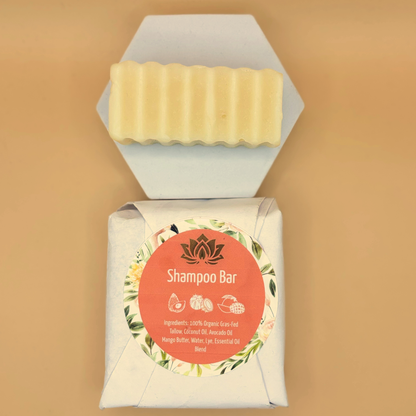 Shampoo bar with packaging on a beige background